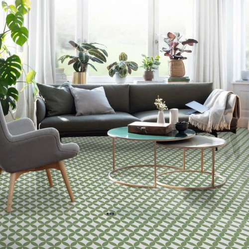Gạch bông lát nền 20x20 VL218 đồng tiền trắng & xanh lá