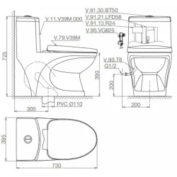 Bàn Cầu Viglacera V39 Nắp Êm V37 + Vòi Xịt VG826