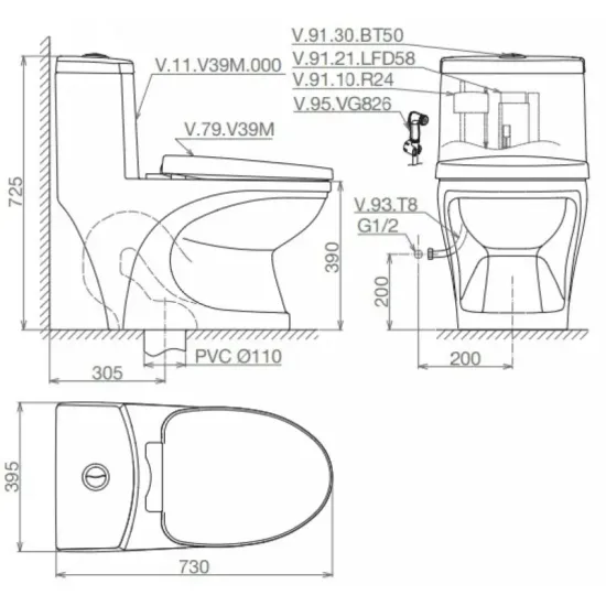 Bàn Cầu Viglacera V39 Nắp Êm V37 + Vòi Xịt VG826