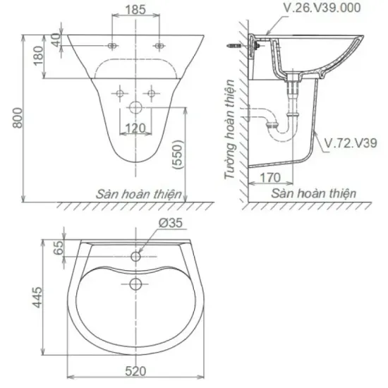 Chậu Rửa Lavabo Viglacera V39 chân ngắn treo tường