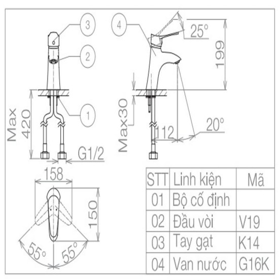 Vòi Chậu Rửa Mặt Lavabo Viglacera VG114 Nóng Lạnh