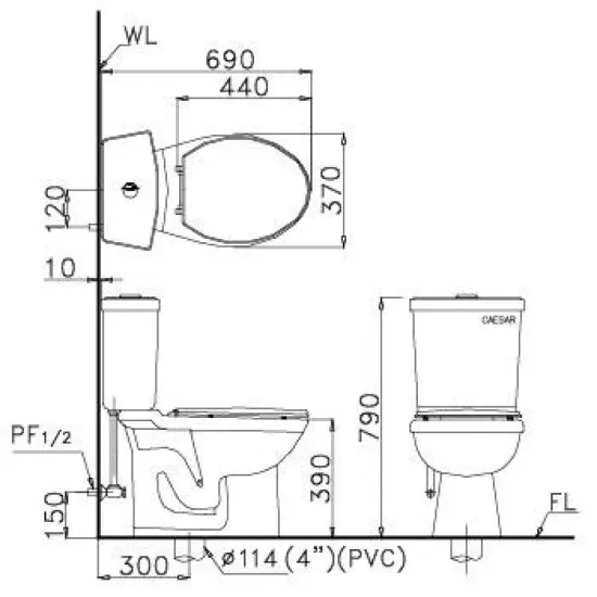 Bàn Cầu CAESAR CDS1325 Hai Khối 2 Nhấn Nắp Êm