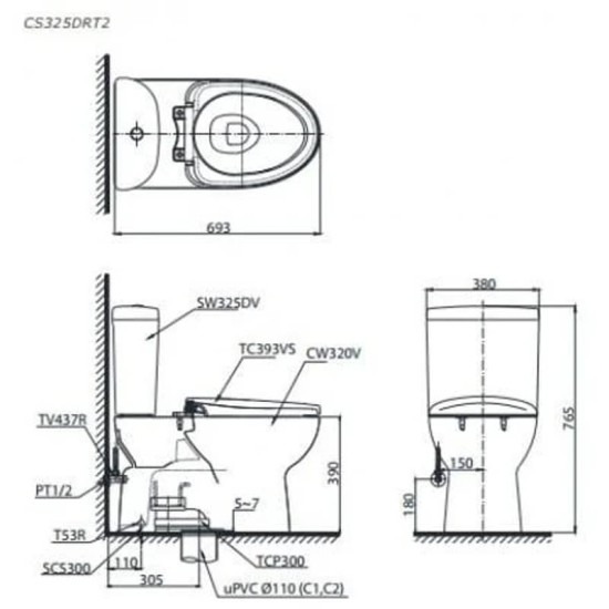 Bàn Cầu Hai Khối TOTO CS325DRT2 Nắp TC393VS