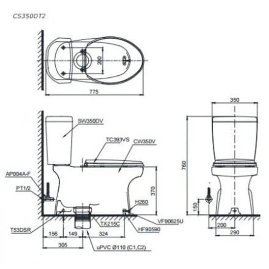 Bàn Cầu Hai Khối TOTO CS350DT2 Nắp TC393VS