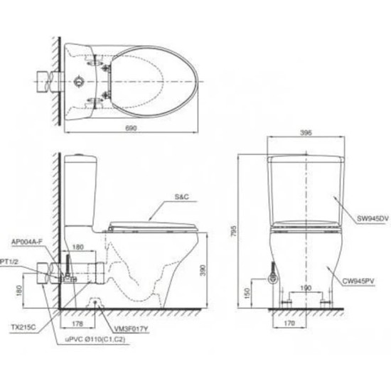 Bàn Cầu Hai Khối TOTO CS945PDT3 Thoát Ngang