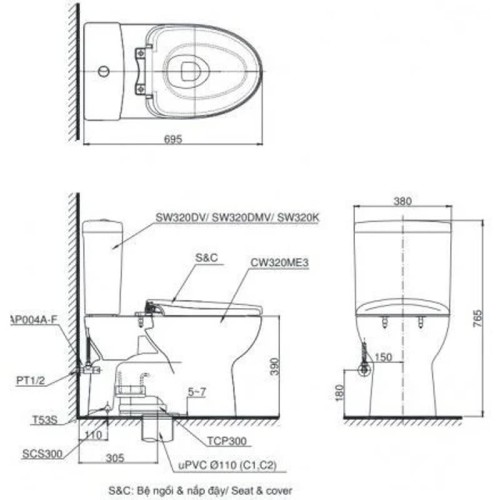 Bàn Cầu TOTO CS325DRT8 Hai Khối Nắp TC600VS