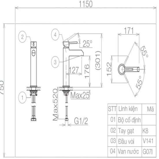 Vòi Chậu Lavabo Viglacera VG141.1 Nóng Lạnh Cổ Cao