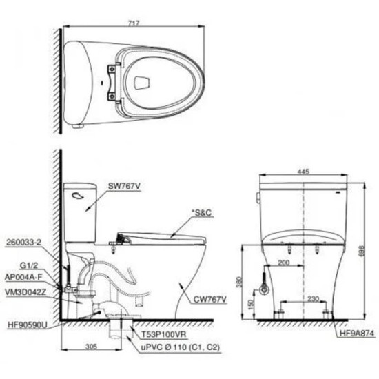 Bàn Cầu Điện Tử TOTO CS767CW12 Nắp Washlet Giấu Dây