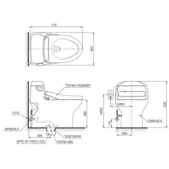 Bàn Cầu Điện Tử TOTO MS914CW12 Nắp Washlet Giấu Dây