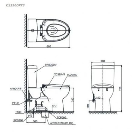 Bàn Cầu Hai Khối TOTO CS320DRT3 Nắp TC385VS