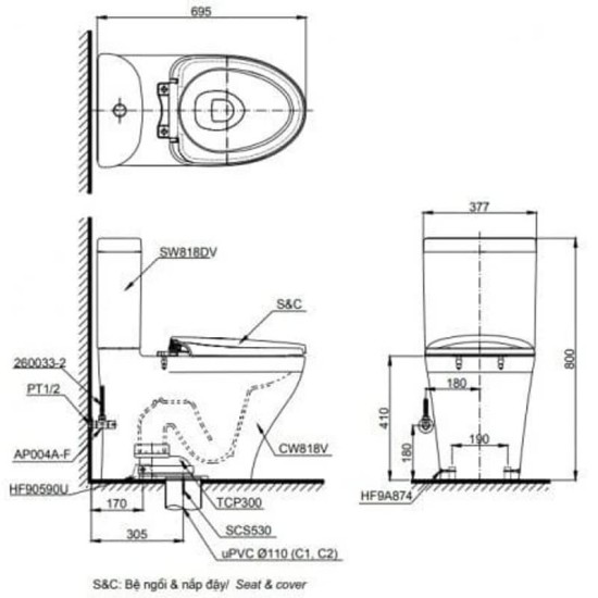 Bàn Cầu Hai Khối TOTO CS818DT8 Nắp TC600VS