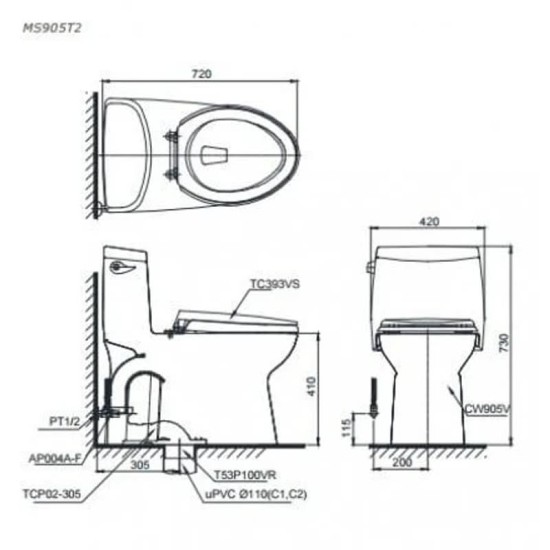 Bàn Cầu Một Khối TOTO MS905T2 Nắp TC393VS