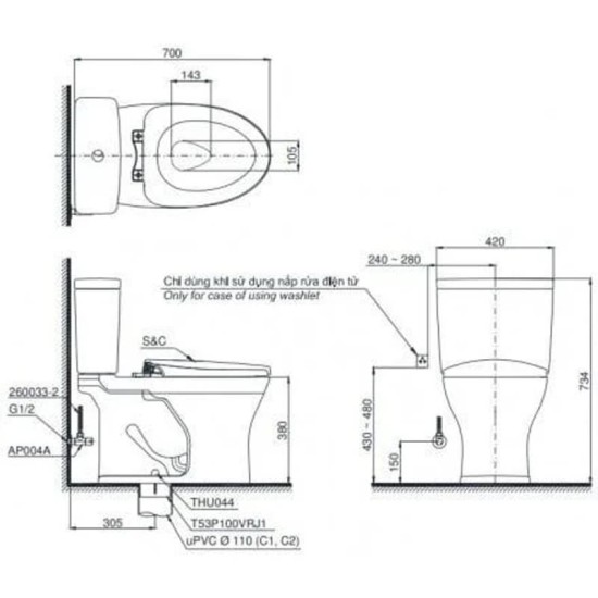 Bàn cầu TOTO CS735DT2 hai khối nắp TC393VS