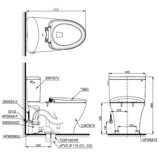 Bàn Cầu TOTO CS767T2 ( CS767RT2 ) Hai Khối Nắp TC393VS