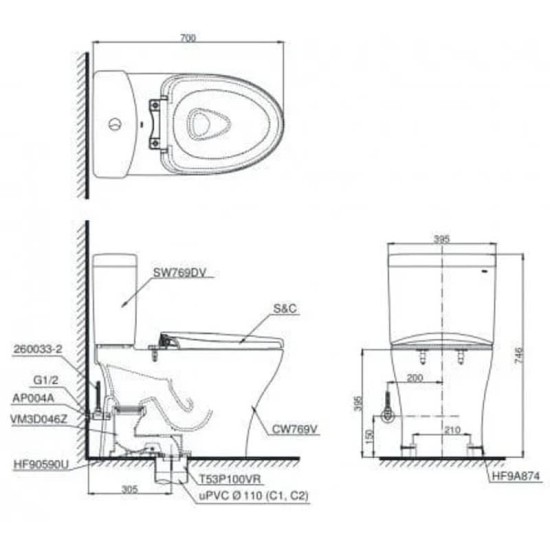 Bàn Cầu TOTO CS769DT2 ( CS769DRT2 ) Hai Khối Nắp TC393VS