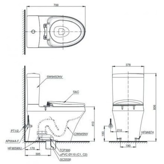 Bàn Cầu TOTO CS945DNT2 Hai Khối Nắp TC393VS