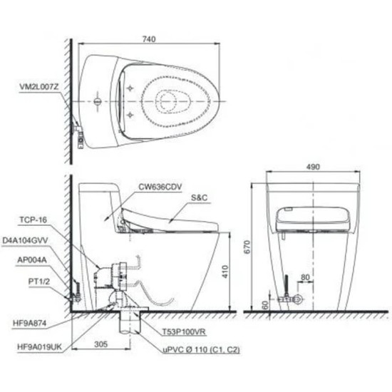 Bàn Cầu TOTO MS636DT2 Một Khối Nắp TC393VS