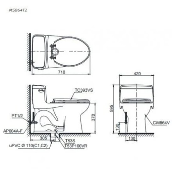 Bàn Cầu TOTO MS864T3 Một Khối Xả Gạt Nắp TC385VS