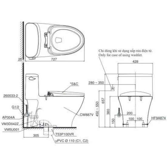 Bàn Cầu TOTO MS887T2 ( MS887RT2 ) Một Khối Nắp TC393VS