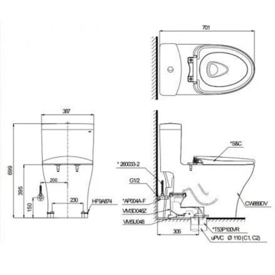 Bàn Cầu TOTO MS889DE2 Một Khối Nắp Cơ