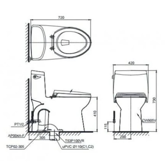 Bàn Cầu TOTO MS905E4 Một Khối Nắp Cơ