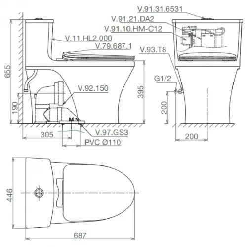 Bàn Cầu Viglacera HL2 Nắp V687 1 Khối Nano Titan + VG826
