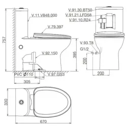 Bàn Cầu Viglacera V848 Xả Xoáy Nắp V39 + Xịt VG826