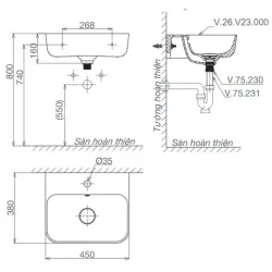 Chậu Rửa Lavabo Viglacera V23 Mekong chân ngắn treo tường