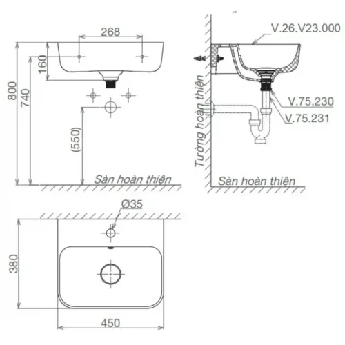 Chậu Rửa Lavabo Viglacera V23 Mekong chân ngắn treo tường
