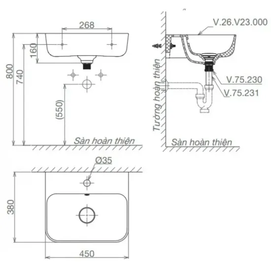 Chậu Rửa Lavabo Viglacera V23 Mekong chân ngắn treo tường