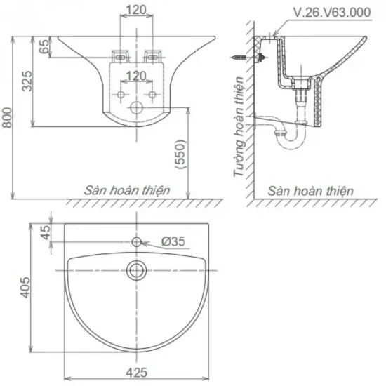 Chậu Rửa Lavabo Viglacera V63 liền khối treo tường