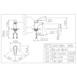 Vòi Chậu Rửa Mặt Lavabo Viglacera VG168 Nóng Lạnh