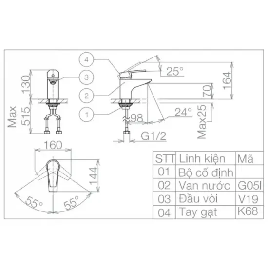 Vòi Chậu Rửa Mặt Lavabo Viglacera VG168 Nóng Lạnh