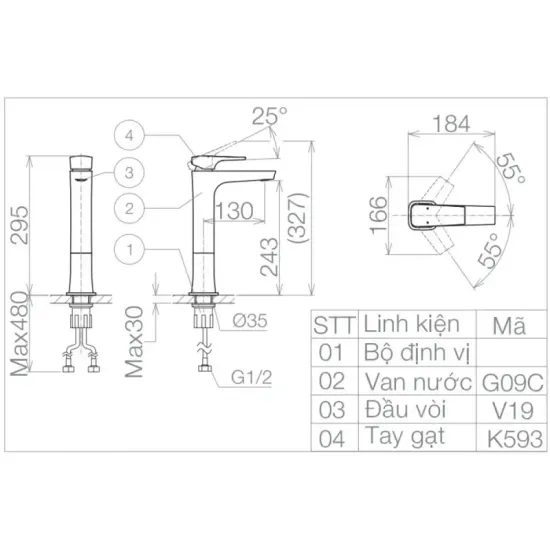 Vòi Chậu Lavabo Viglacera VG143.1 Nóng Lạnh Cổ Cao