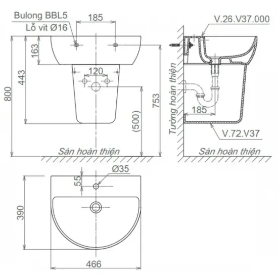 Chậu Rửa Lavabo Viglacera V37 chân ngắn treo tường