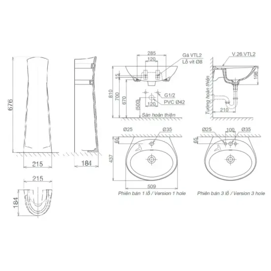 Chậu Lavabo Viglacera VTL2/VI1T (BS401/BS501) Treo Tường Chân Dài