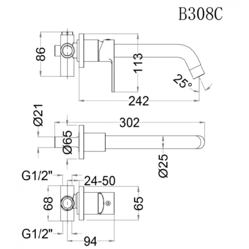 Vòi Lavabo Gắn Tường Caesar B308C Nóng Lạnh