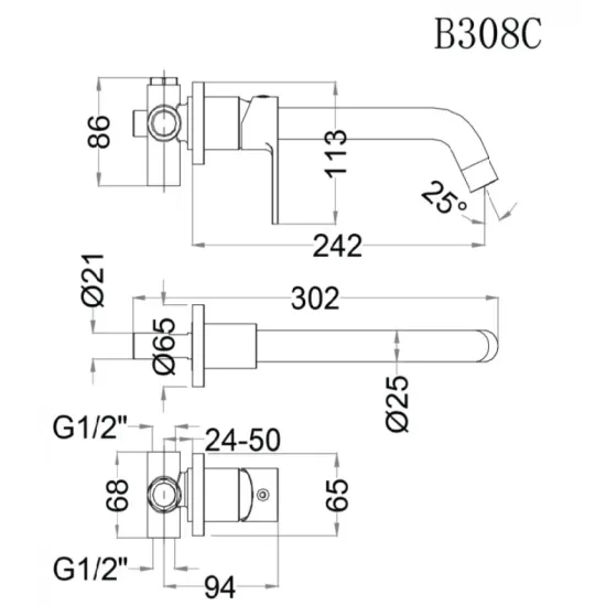 Vòi Lavabo Gắn Tường Caesar B308C Nóng Lạnh