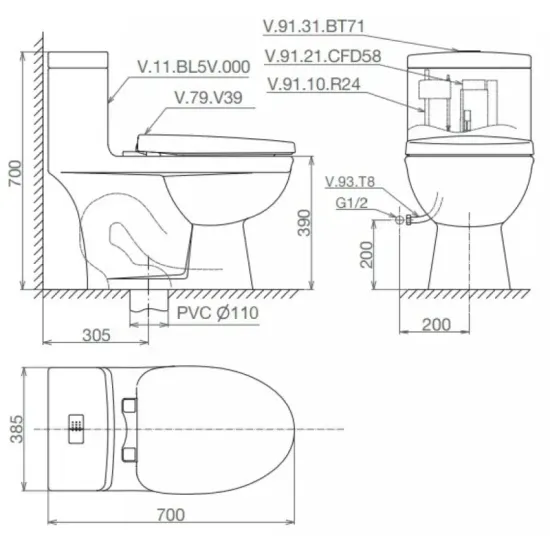 Bàn Cầu Viglacera BL5V Nắp V37 Xả Xoáy + Xịt VG826