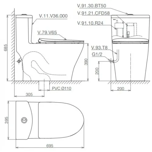 Bồn Cầu Viglacera V36 Nắp Êm + Vòi Xịt VG826