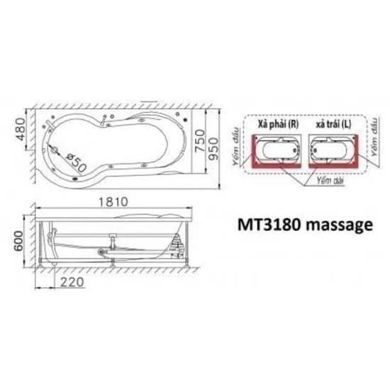 Bồn Tắm Massage Xây 1.8M CAESAR MT3180AL/AR