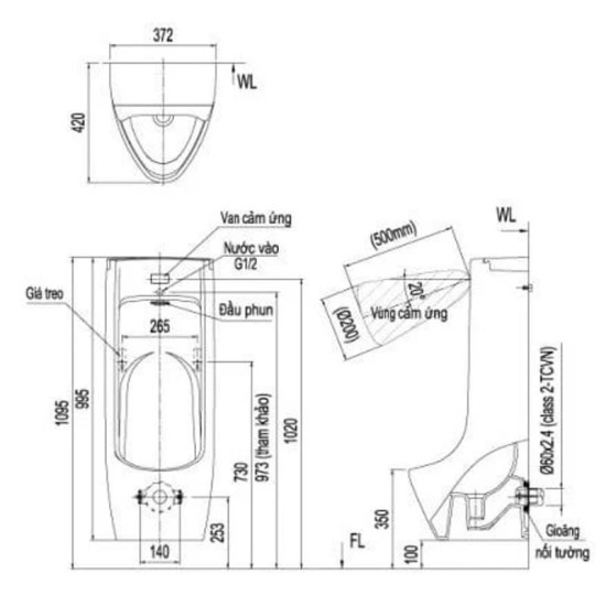 Bồn Tiểu Nam Inax ASU-500V Cảm Ứng Treo tường