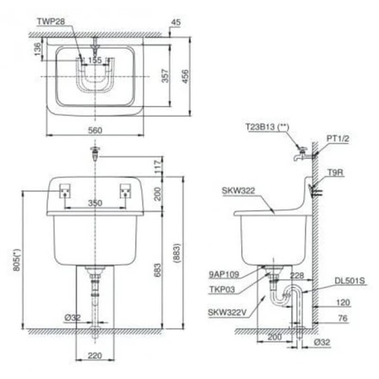 Chậu Lavabo Đa Năng TOTO SK322/SK322F Treo Tường