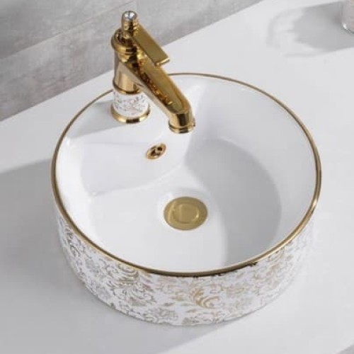 Chậu lavabo đặt bàn YOLO ML16 tròn hoa văn vàng