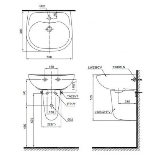 Chậu Lavabo TOTO LHT236CS Treo Tường Chân Ngắn