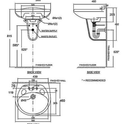 Chậu Rửa Lavabo American Standard Chân Dài VF-0969/VF-0901 Treo Tường