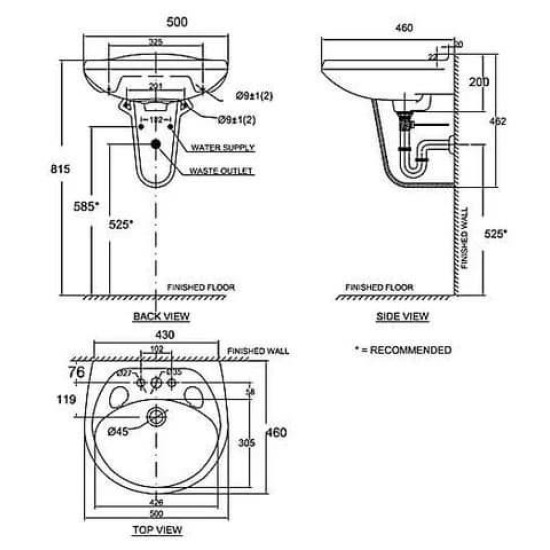 Chậu Rửa Lavabo American Standard Chân Dài VF-0969/VF-0901 Treo Tường