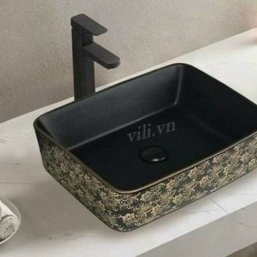 Chậu rửa lavabo đặt bàn YOLO ML32 chữ nhật đen hoa văn