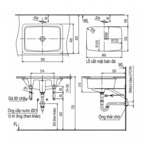 Chậu Rửa Lavabo Inax L-2298V Âm Bàn Chữ Nhật