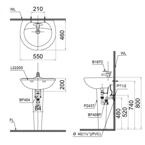 Chậu Rửa Lavabo Treo Tường Caesar Chân Dài L2220/P2437